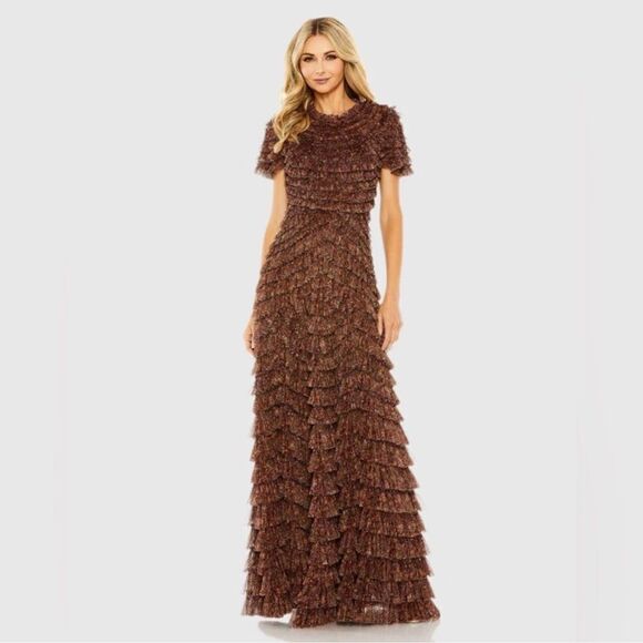 Mac Duggal 8042 Brown Ruffle Floral Maxi Dress Gown - Picture 2 of 15